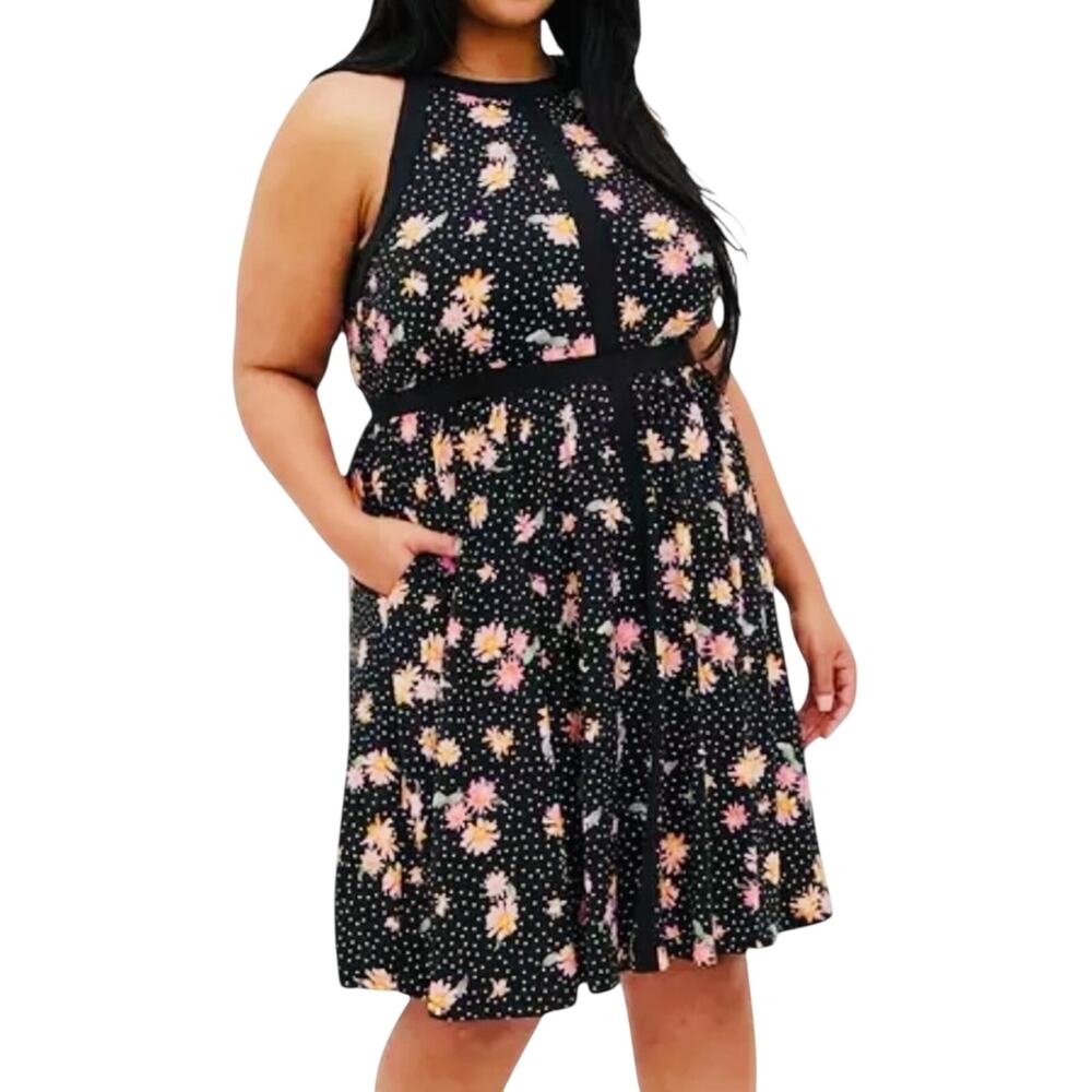 Torrid Studio Knit Floral Polka Dot Skater Dress 3X Halter Neck Keyhole Pockets